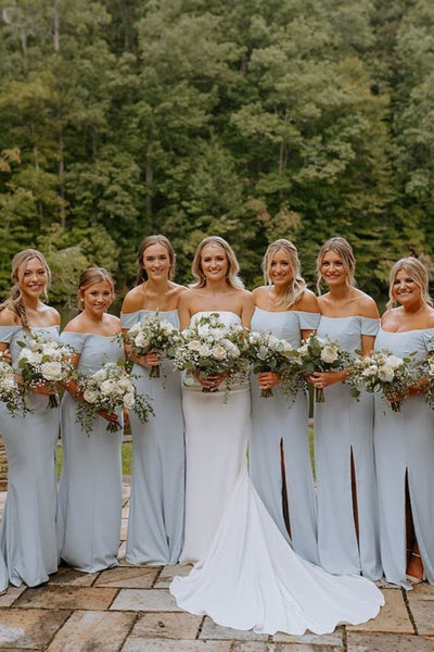 Off the Shoulder Dusty Blue Bridesmaid Dress with Slit