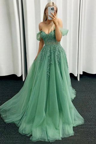 Cute Off the Shoulder Green Tulle Prom Dresses with Appliques
