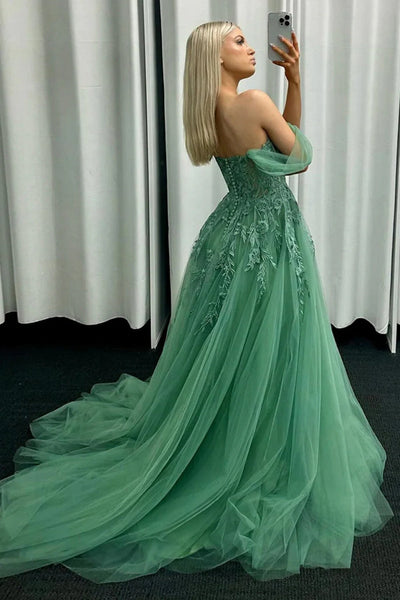 Cute Off the Shoulder Green Tulle Prom Dresses with Appliques