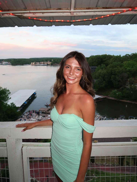 Off the Shoulder Mint Ruched Bodycon Short Dress