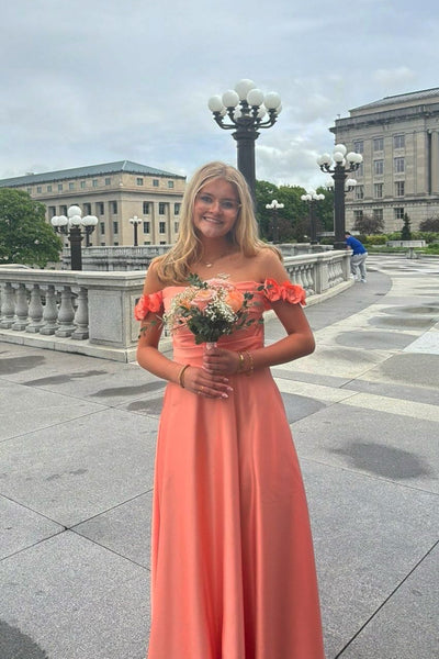 Off the Shoulder Coral 3D Floral Long Dress