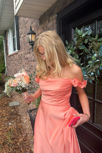 Off the Shoulder Coral 3D Floral Long Dress