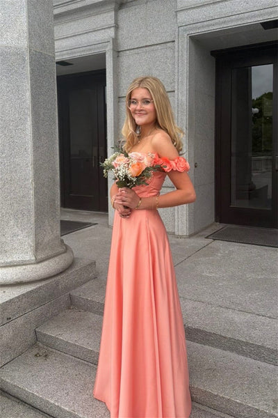 Off the Shoulder Coral 3D Floral Long Dress