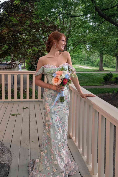 Off the Shoulder Pink 3D Floral Mermaid Long Dress