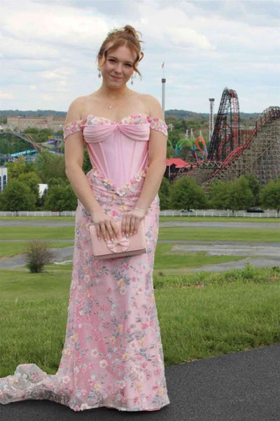 Off the Shoulder Pink 3D Floral Mermaid Long Dress