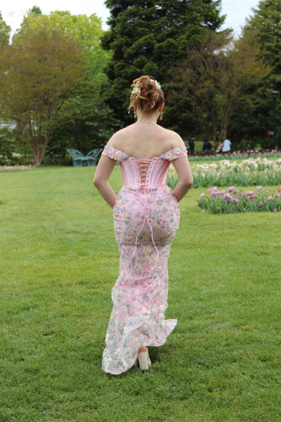 Off the Shoulder Pink 3D Floral Mermaid Long Dress