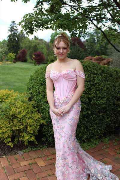 Off the Shoulder Pink 3D Floral Mermaid Long Dress