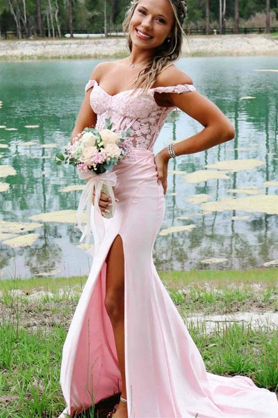 Off the Shoulder Pink Appliques Long Dress with Slit
