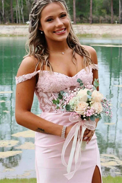 Off the Shoulder Pink Appliques Long Dress with Slit