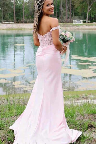 Off the Shoulder Pink Appliques Long Dress with Slit