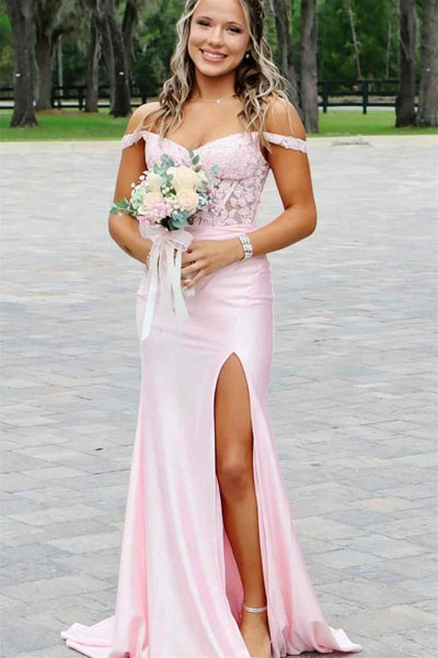 Off the Shoulder Pink Appliques Long Dress with Slit