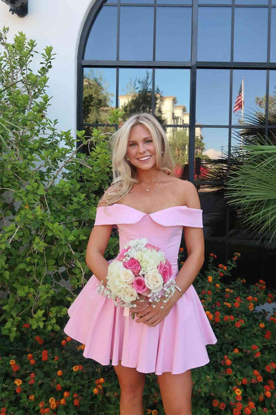 Off the Shoulder Pink Ruched A-line Short Dress