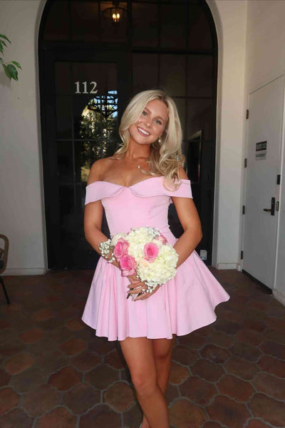 Off the Shoulder Pink Ruched A-line Short Dress