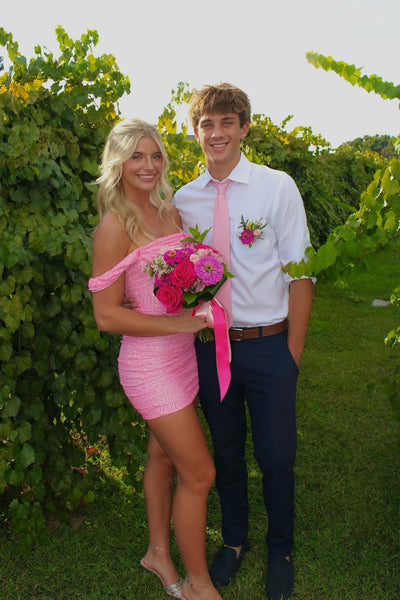 Off the Shoulder Pink Ruched Sequin Short Dress
