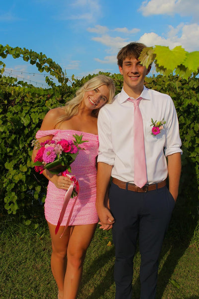 Off the Shoulder Pink Ruched Sequin Short Dress
