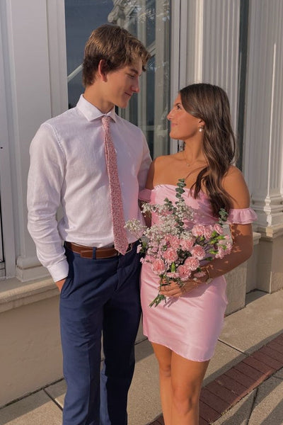 Off the Shoulder Pink Satin Sheath Short Dress
