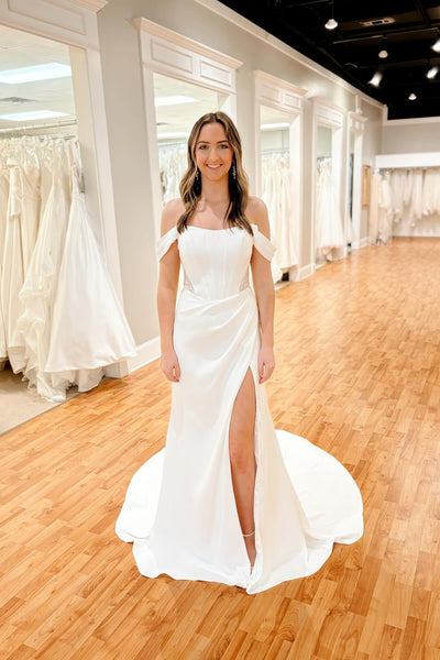 Off the Shoulder White Beaded Mermaid Wedding Dress