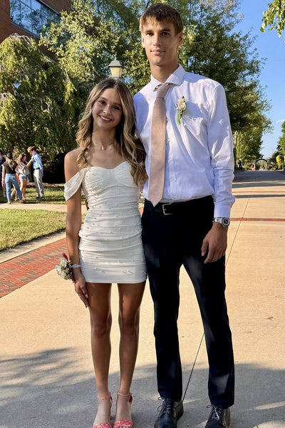 Off the Shoulder White Ruched Short Dress with Pearls