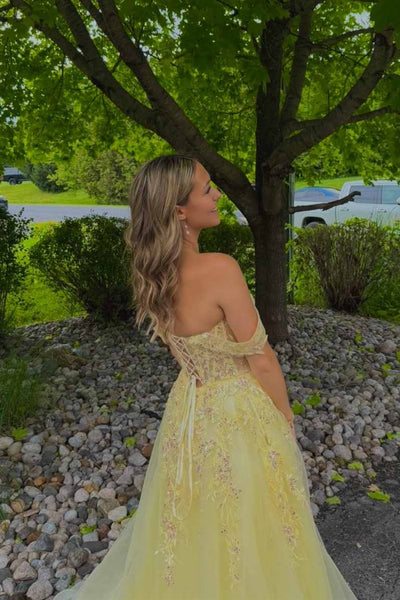 Off the Shoulder Yellow Appliques Long Dress