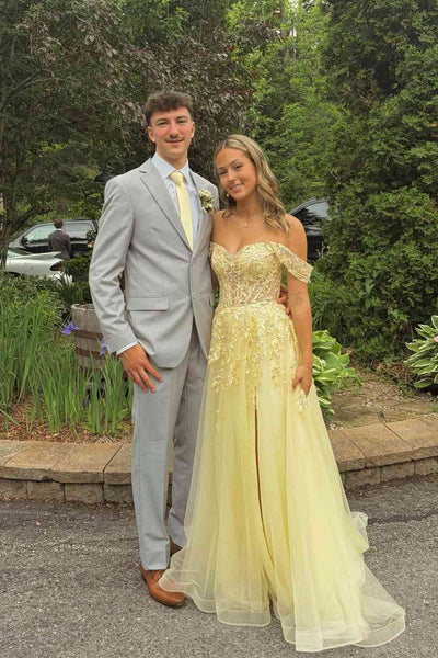 Off the Shoulder Yellow Appliques Long Dress