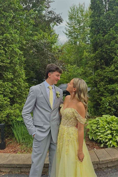 Off the Shoulder Yellow Appliques Long Dress