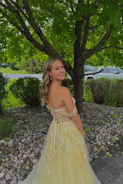Off the Shoulder Yellow Appliques Long Dress