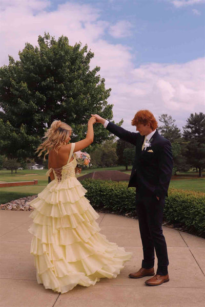 Off the Shoulder Yellow Appliques Tiered Long Dress