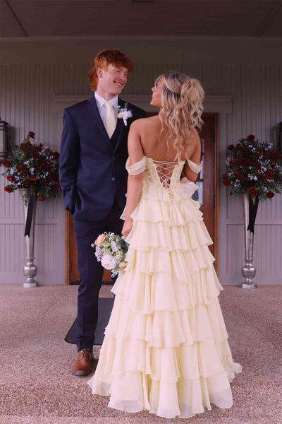 Off the Shoulder Yellow Appliques Tiered Long Dress