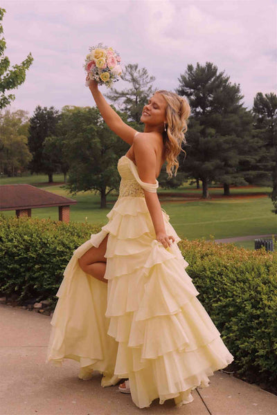 Off the Shoulder Yellow Appliques Tiered Long Dress