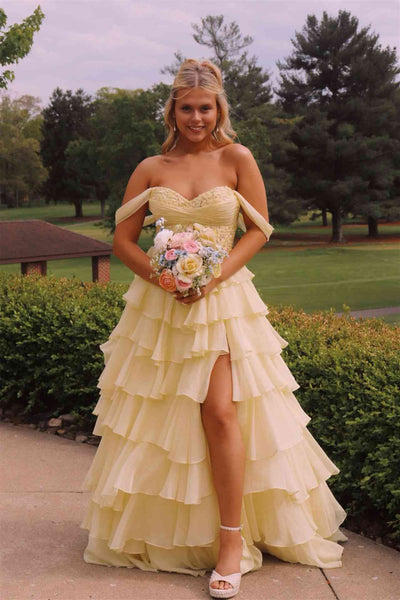 Off the Shoulder Yellow Appliques Tiered Long Dress
