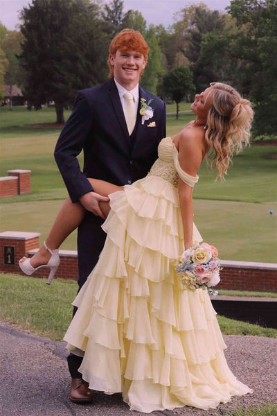 Off the Shoulder Yellow Appliques Tiered Long Dress