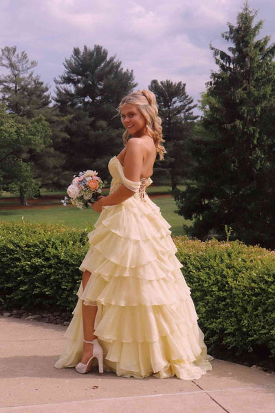 Off the Shoulder Yellow Appliques Tiered Long Dress