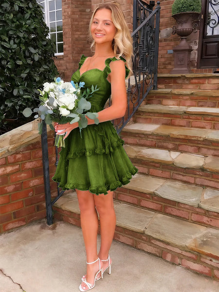 Sweetheart Ruffle Strap Tiered Chiffon Mini Homecoming Dress