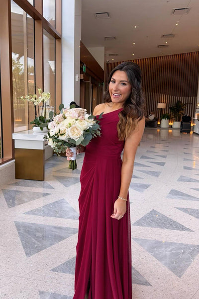 One Shoulder Burgundy Pleated Bridesmaid Dress