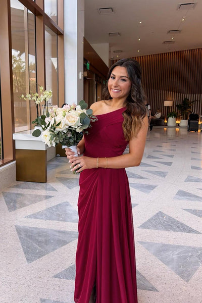 One Shoulder Burgundy Pleated Bridesmaid Dress
