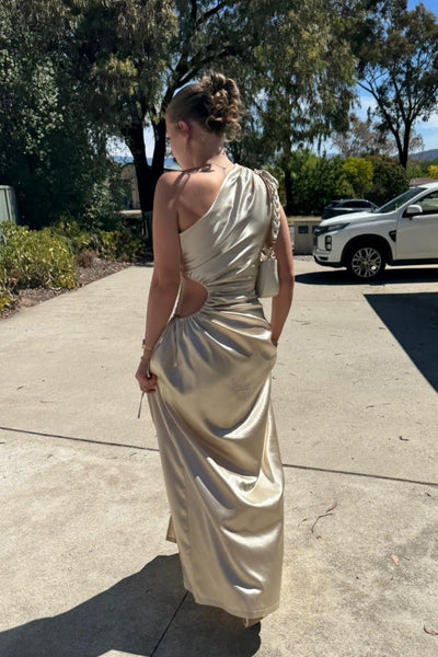 One Shoulder Champagne Gathered Long Dress with Slit