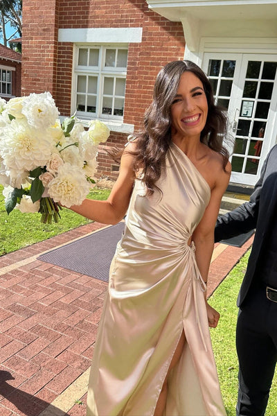 One Shoulder Champagne Gathered Long Dress with Slit