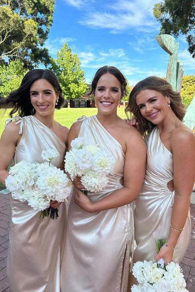 One Shoulder Champagne Gathered Long Dress with Slit