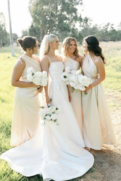 One Shoulder Champagne Gathered Long Dress with Slit
