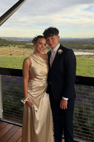 One Shoulder Champagne Gathered Long Dress with Slit