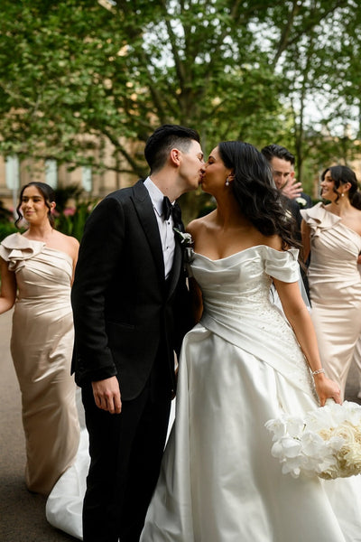 One Shoulder Champagne Gathered Waist Bridesmaid Dress