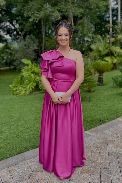 One Shoulder Fuchsia Pleated Bridesmaid Dress