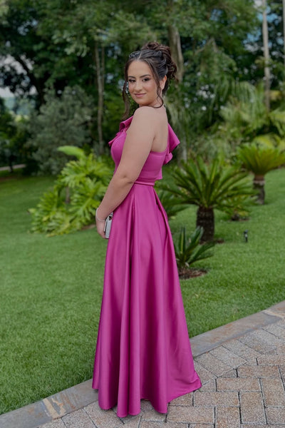 One Shoulder Fuchsia Pleated Bridesmaid Dress
