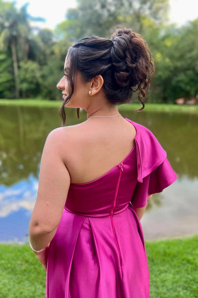 One Shoulder Fuchsia Pleated Bridesmaid Dress