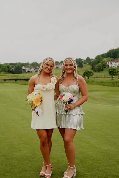 One Shoulder Ivory A-line Short Dress with Rosette