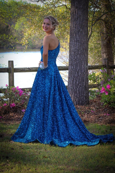 One Shoulder Royal Blue Sequin Long Dress with Slit