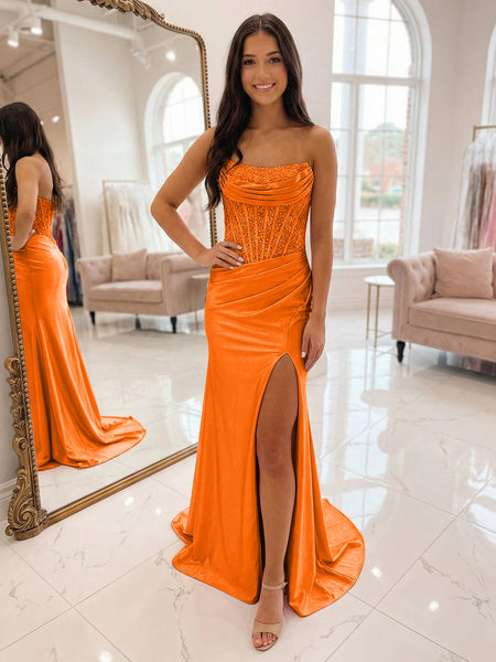Romantic Pink Satin Corset Slit Prom Dress with Beaded Bodice