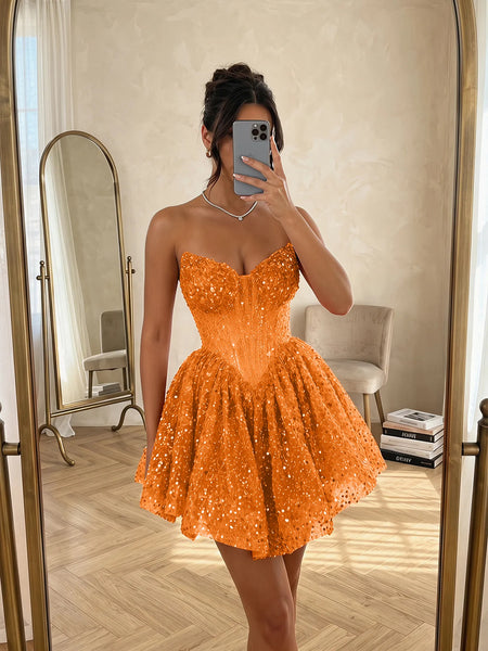 Sequin Strapless Sweetheart Mini Homecoming Dress with Ruffled Skirt