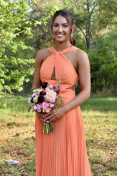 Orange Pleated Backless Long Dress with Keyhole