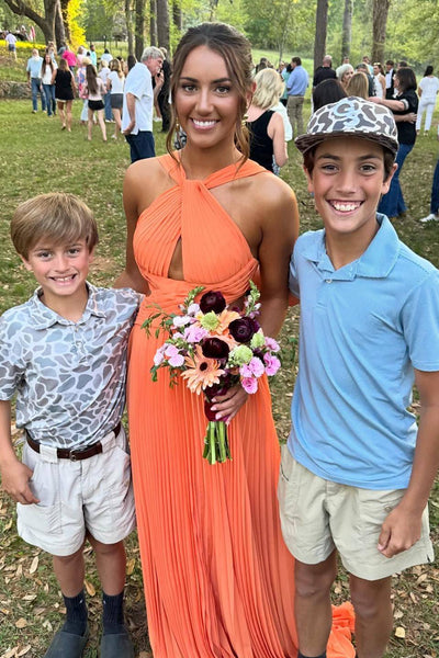 Orange Pleated Backless Long Dress with Keyhole